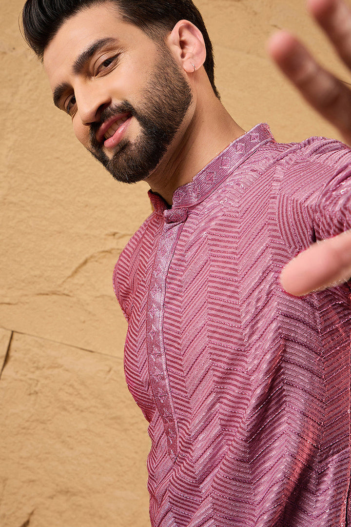 Ethnic Bay Pink Viscose Rayon Solid Embroidered Straight Kurta For Men | SHOBITAM