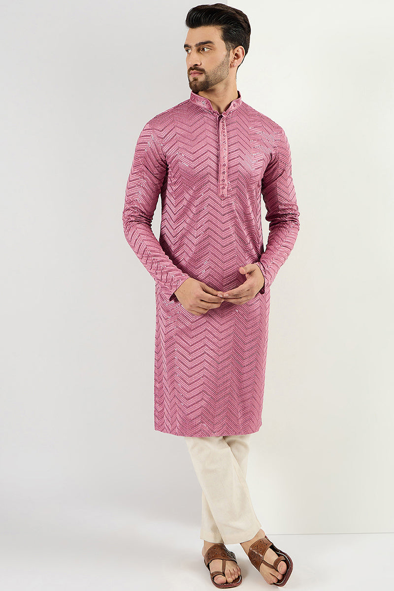 Ethnic Bay Pink Viscose Rayon Solid Embroidered Straight Kurta For Men | SHOBITAM
