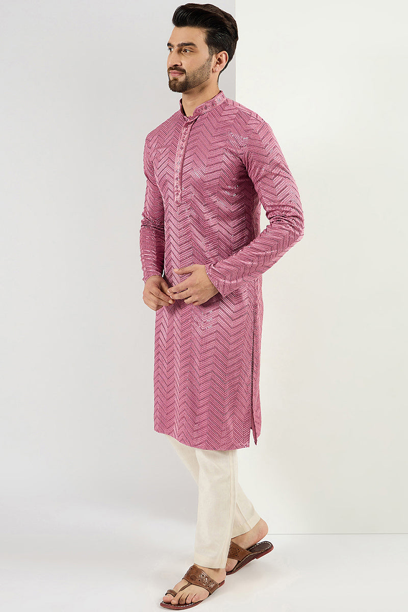 Ethnic Bay Pink Viscose Rayon Solid Embroidered Straight Kurta For Men | SHOBITAM