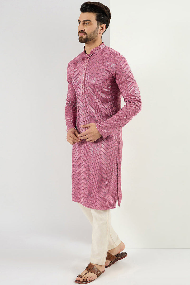 Ethnic Bay Pink Viscose Rayon Solid Embroidered Straight Kurta For Men | SHOBITAM