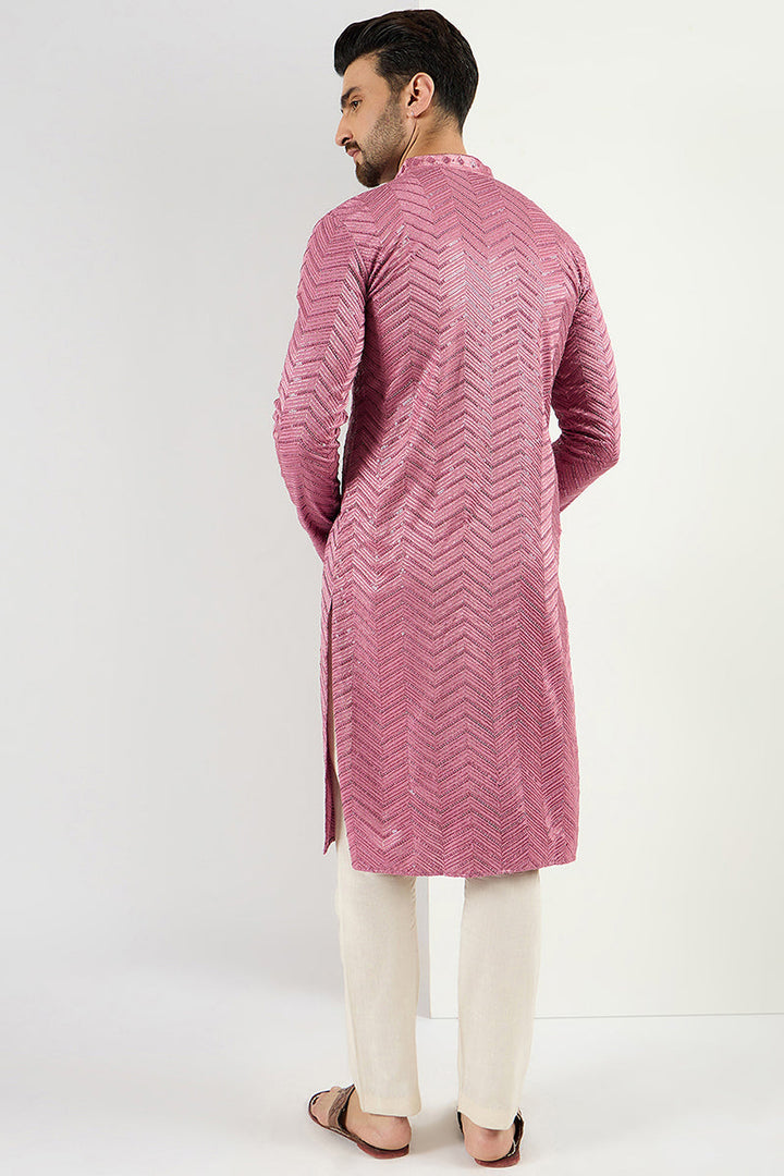 Ethnic Bay Pink Viscose Rayon Solid Embroidered Straight Kurta For Men | SHOBITAM