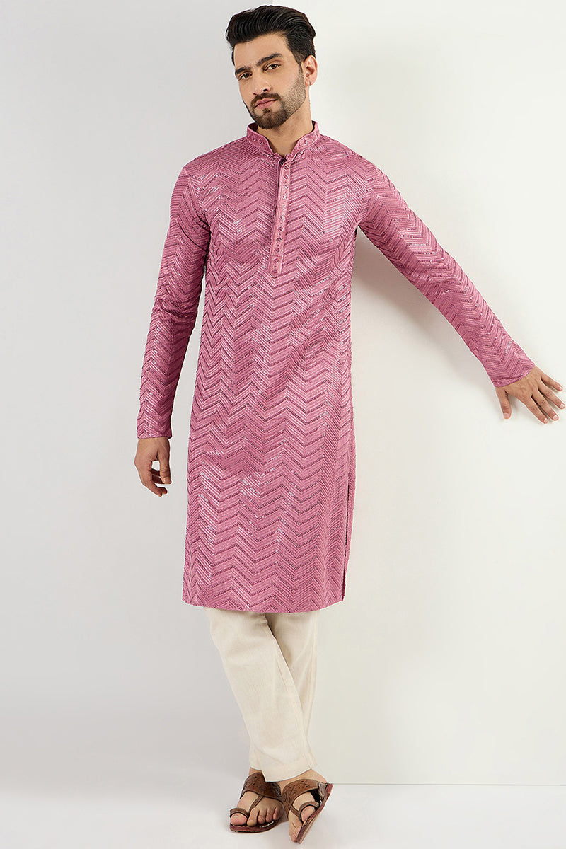 Ethnic Bay Pink Viscose Rayon Solid Embroidered Straight Kurta For Men | SHOBITAM