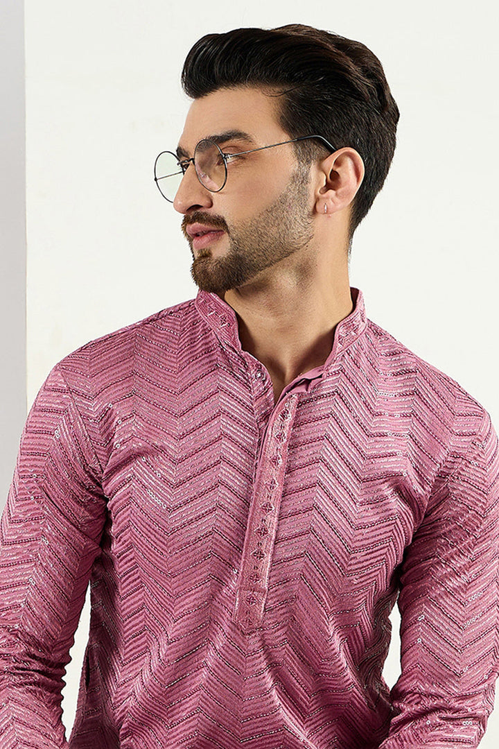 Ethnic Bay Pink Viscose Rayon Solid Embroidered Straight Kurta For Men | SHOBITAM