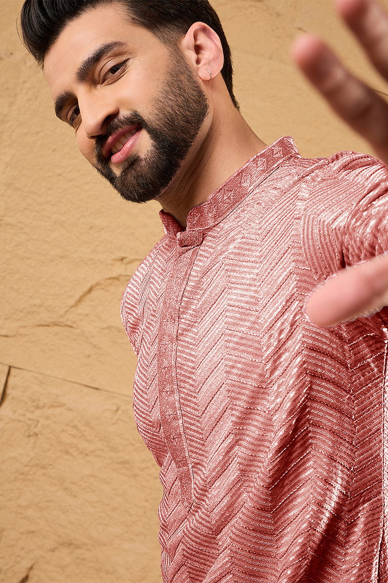 Peach Viscose Rayon Solid Embroidered Straight Kurta For Men | SHOBITAM