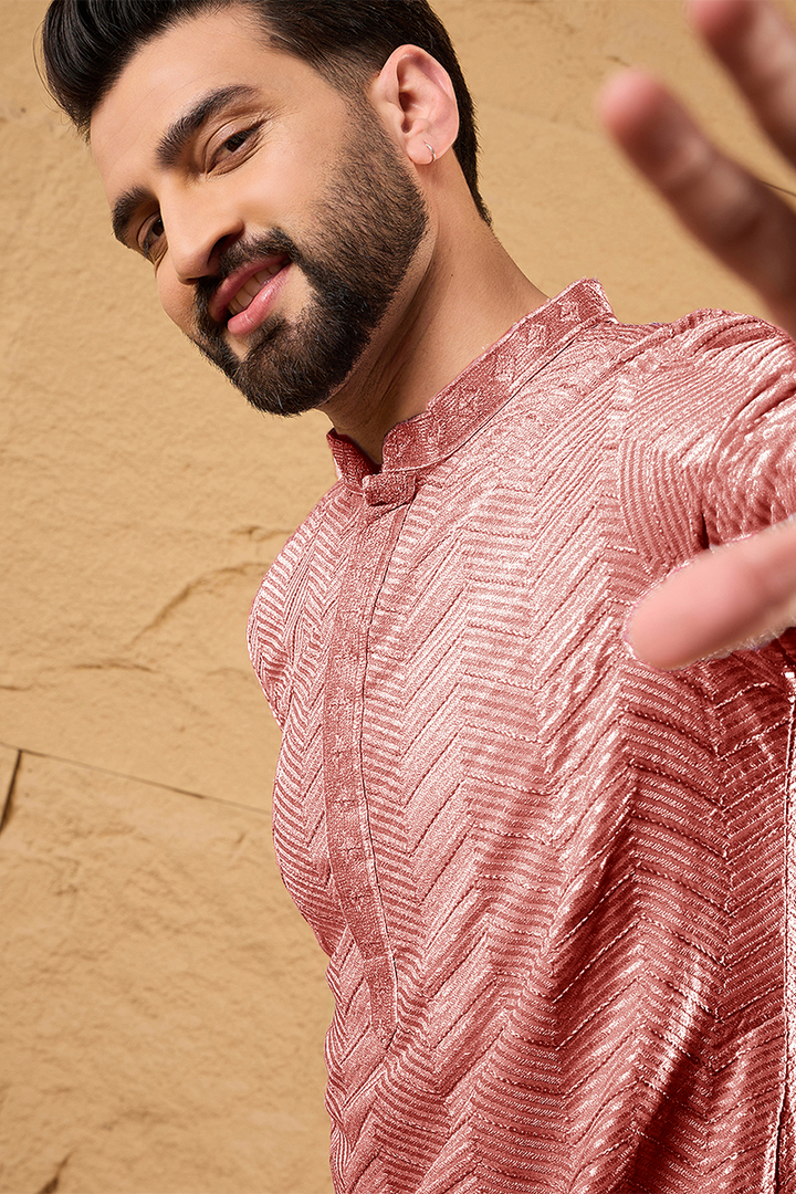 Peach Viscose Rayon Solid Embroidered Straight Kurta For Men | SHOBITAM