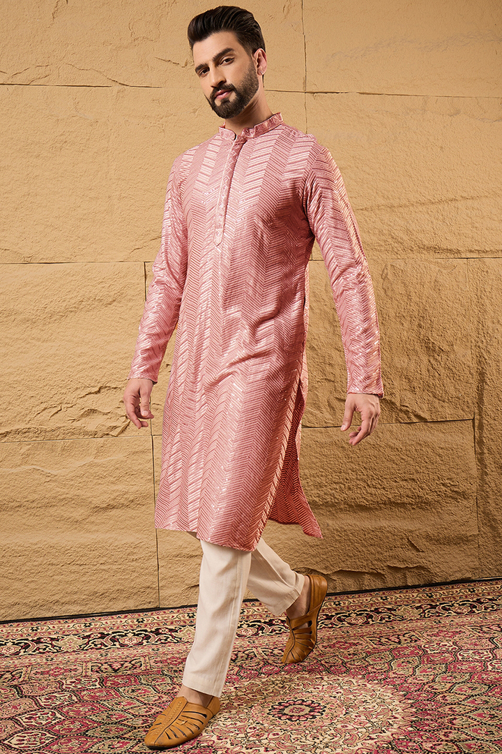 Peach Viscose Rayon Solid Embroidered Straight Kurta For Men | SHOBITAM