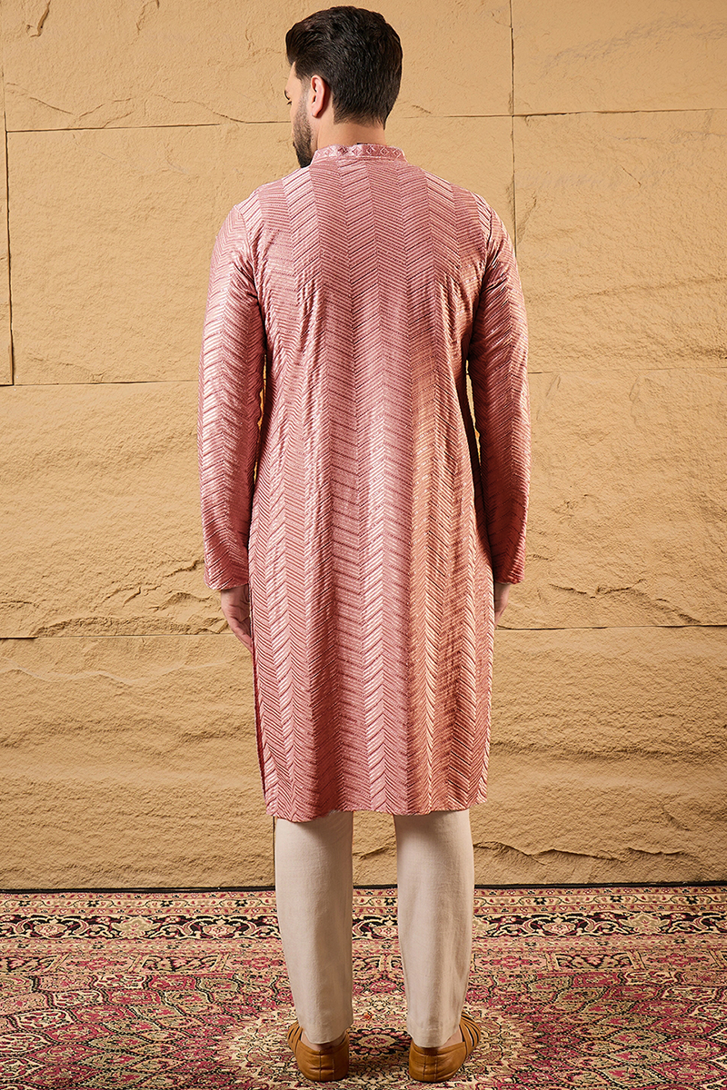 Peach Viscose Rayon Solid Embroidered Straight Kurta For Men | SHOBITAM