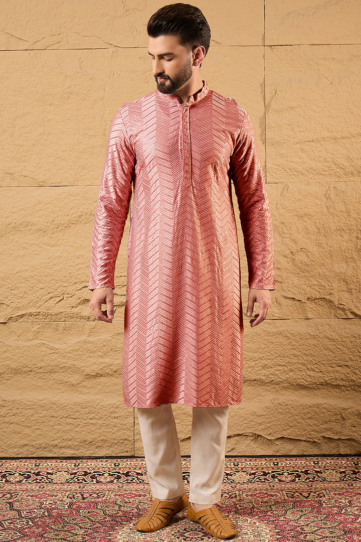 Peach Viscose Rayon Solid Embroidered Straight Kurta For Men | SHOBITAM