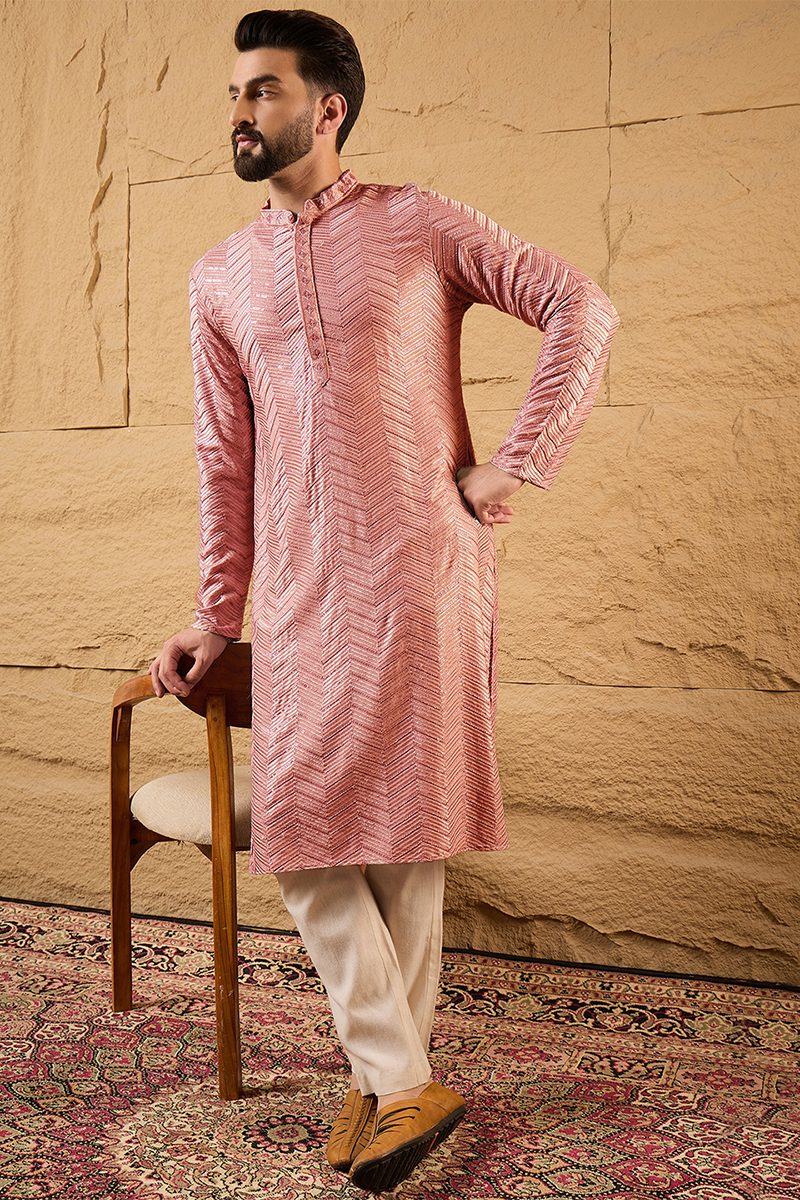 Peach Viscose Rayon Solid Embroidered Straight Kurta For Men | SHOBITAM