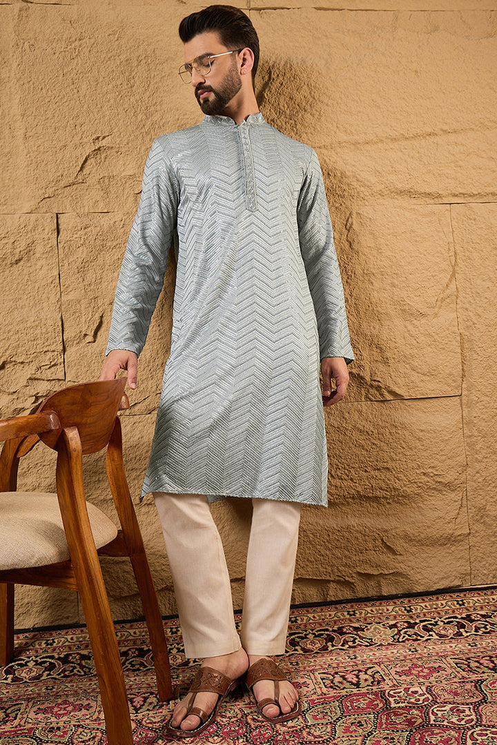 Grey Viscose Rayon Solid Embroidered Straight Kurta | SHOBITAM
