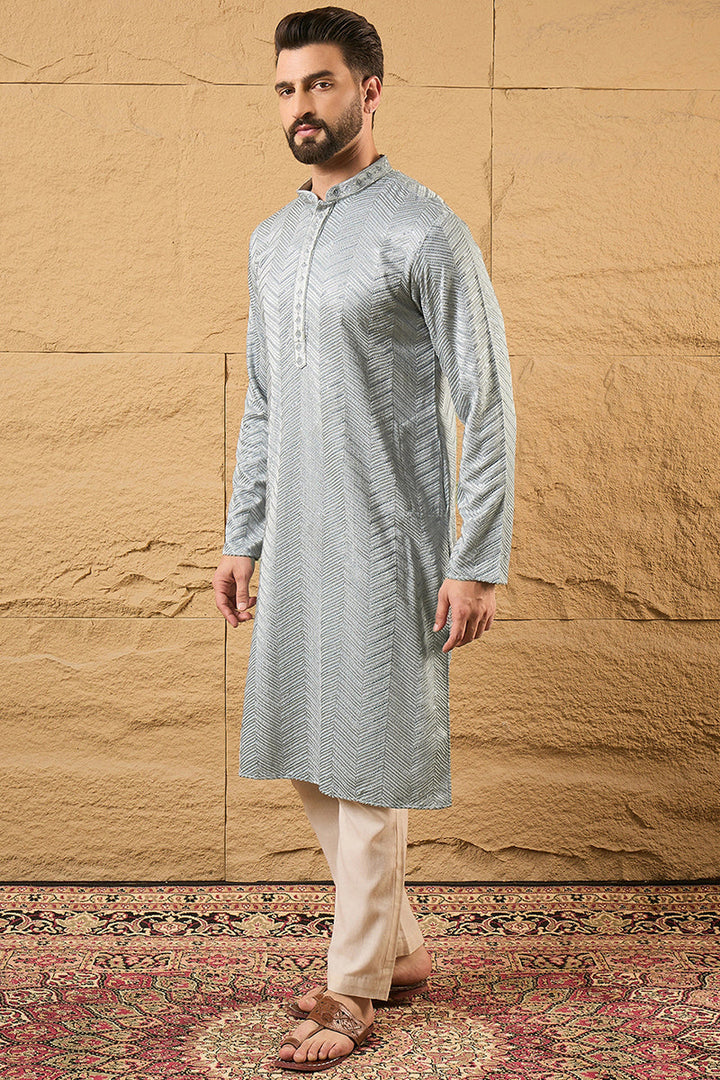 Grey Viscose Rayon Solid Embroidered Straight Kurta | SHOBITAM