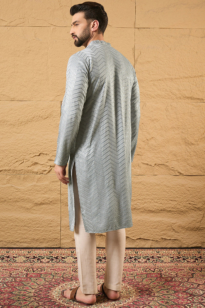 Grey Viscose Rayon Solid Embroidered Straight Kurta | SHOBITAM