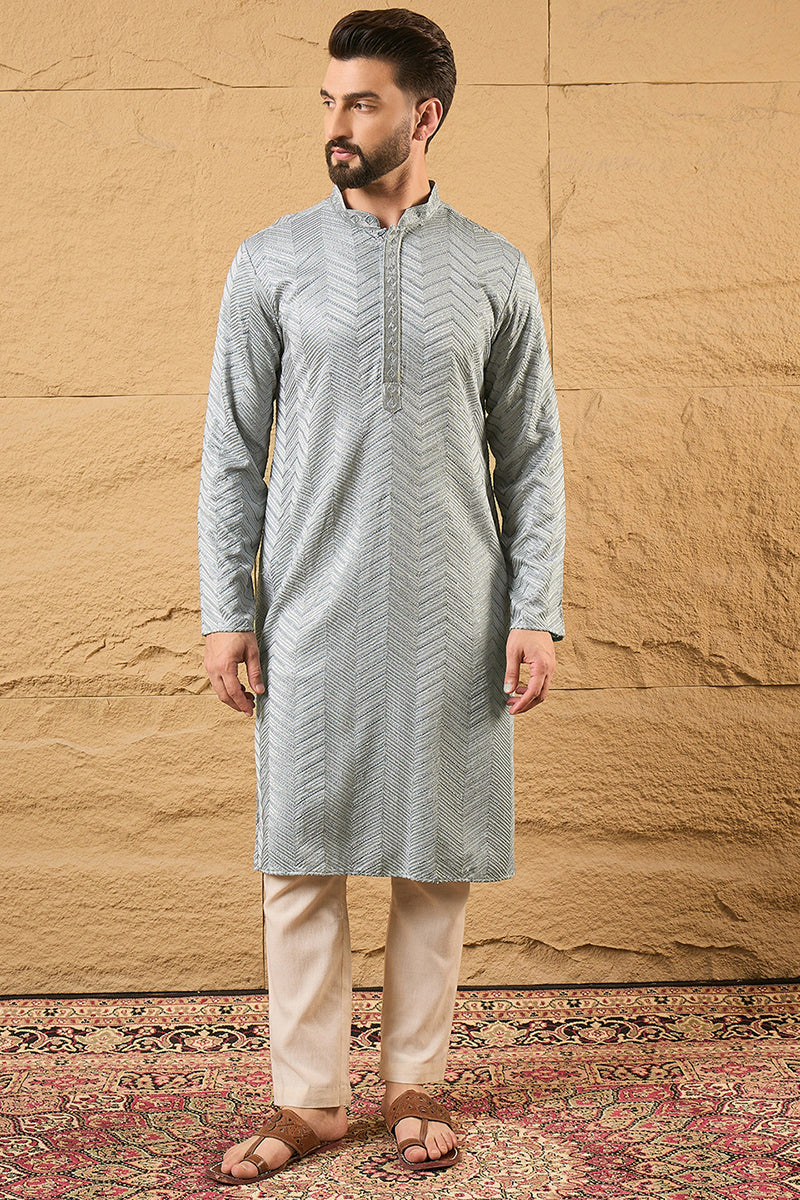 Grey Viscose Rayon Solid Embroidered Straight Kurta | SHOBITAM