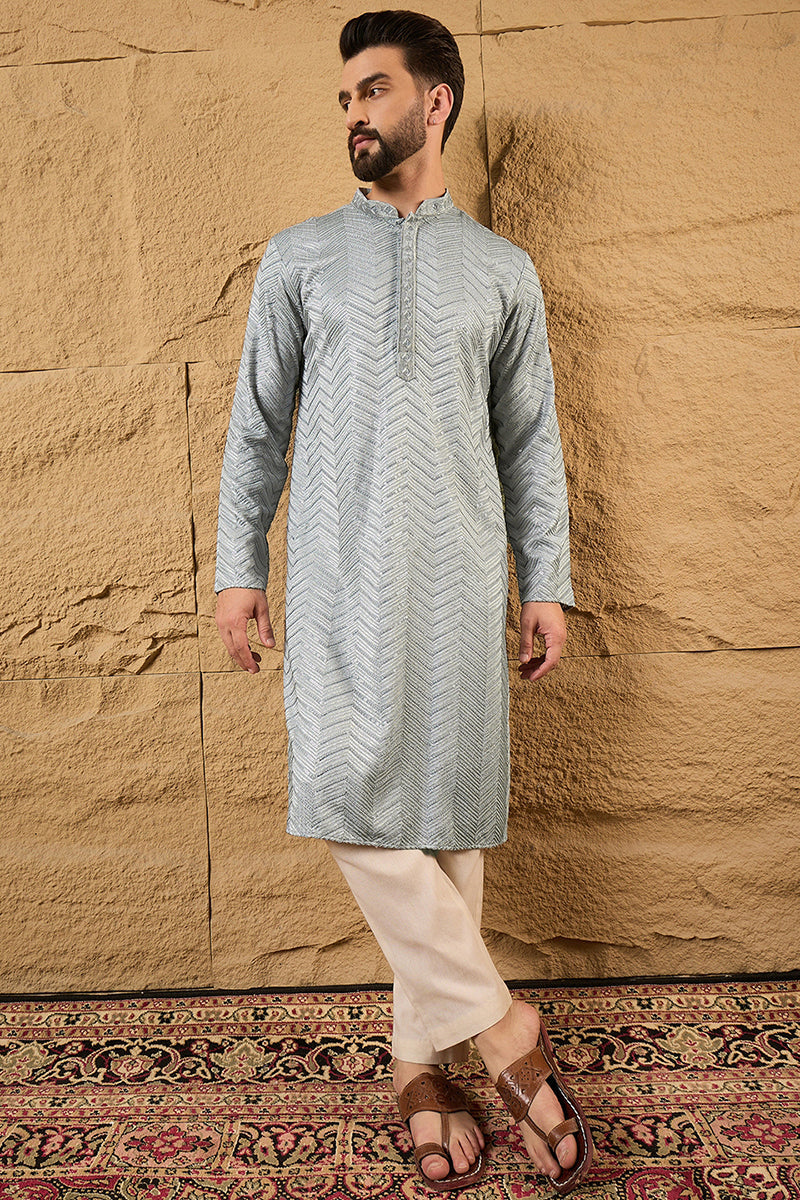 Grey Viscose Rayon Solid Embroidered Straight Kurta | SHOBITAM