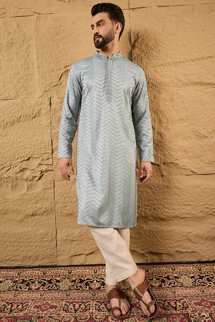 Grey Viscose Rayon Solid Embroidered Straight Kurta | SHOBITAM
