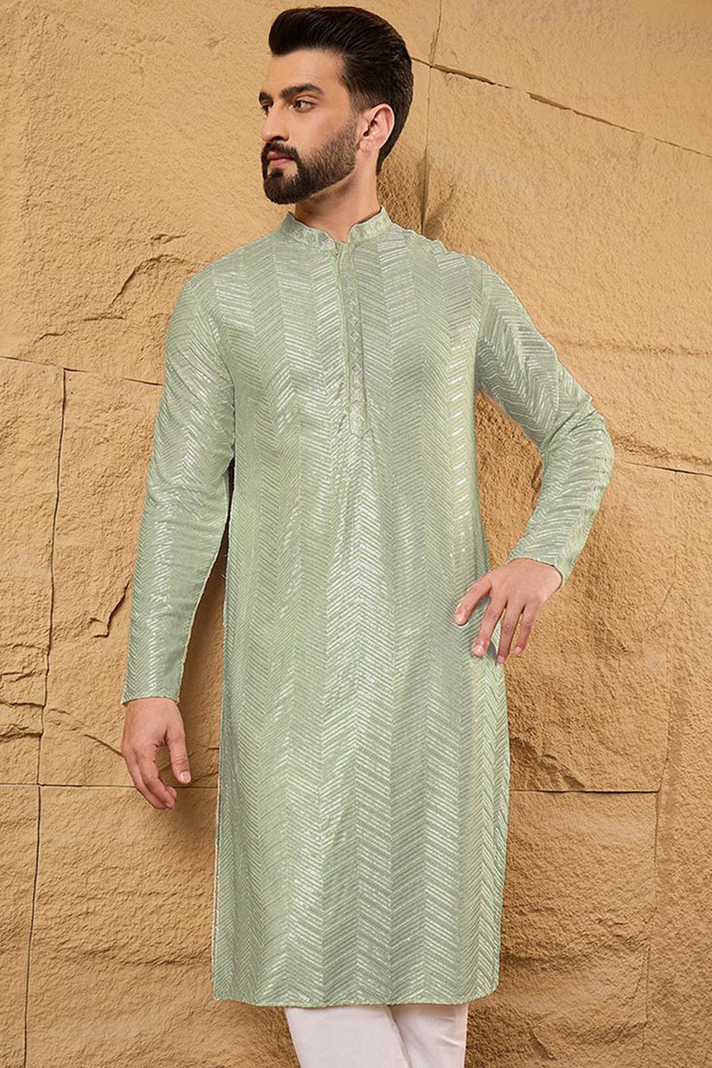 Green Viscose Rayon Solid Embroidered Straight Kurta For Men | SHOBITAM