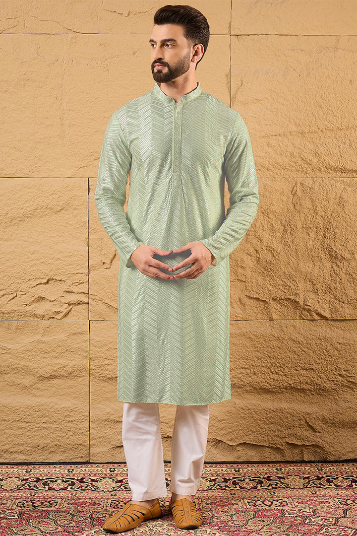 Green Viscose Rayon Solid Embroidered Straight Kurta For Men | SHOBITAM