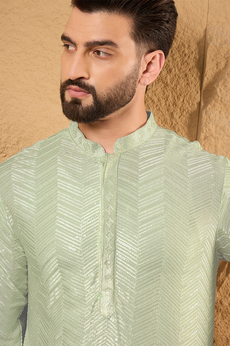 Green Viscose Rayon Solid Embroidered Straight Kurta For Men | SHOBITAM