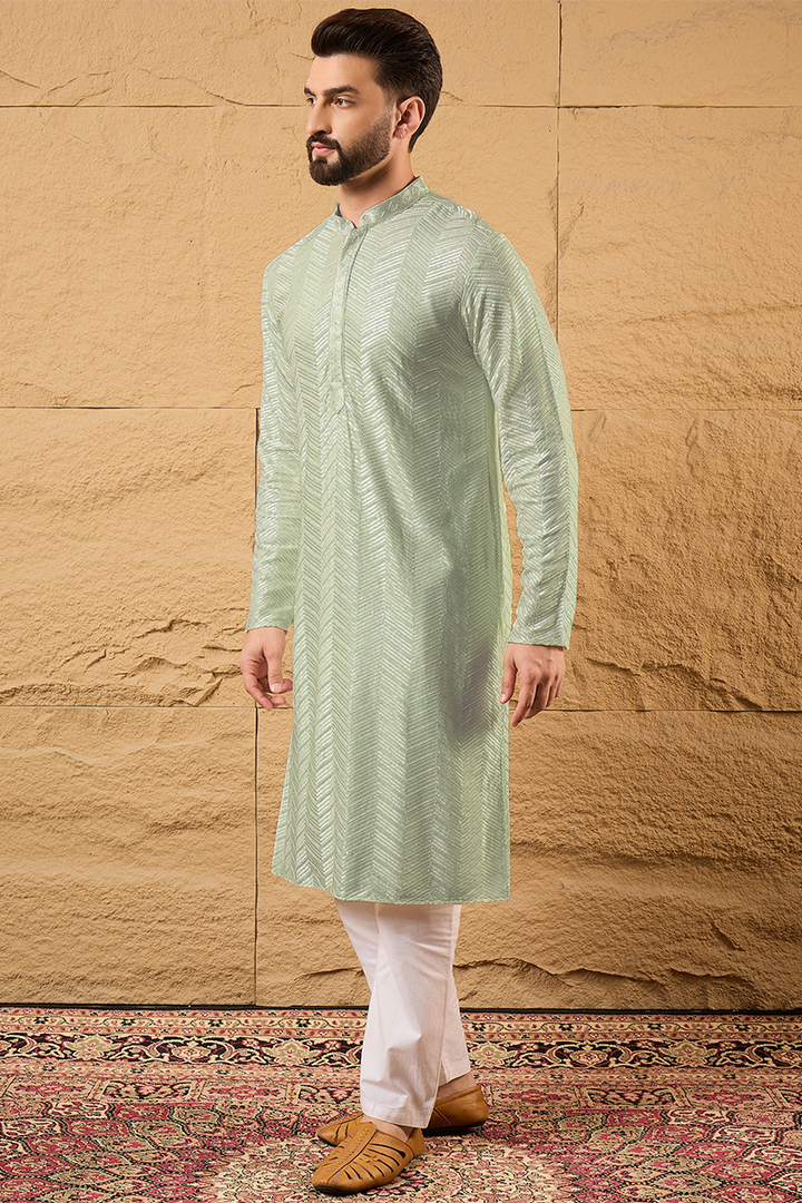Green Viscose Rayon Solid Embroidered Straight Kurta For Men | SHOBITAM