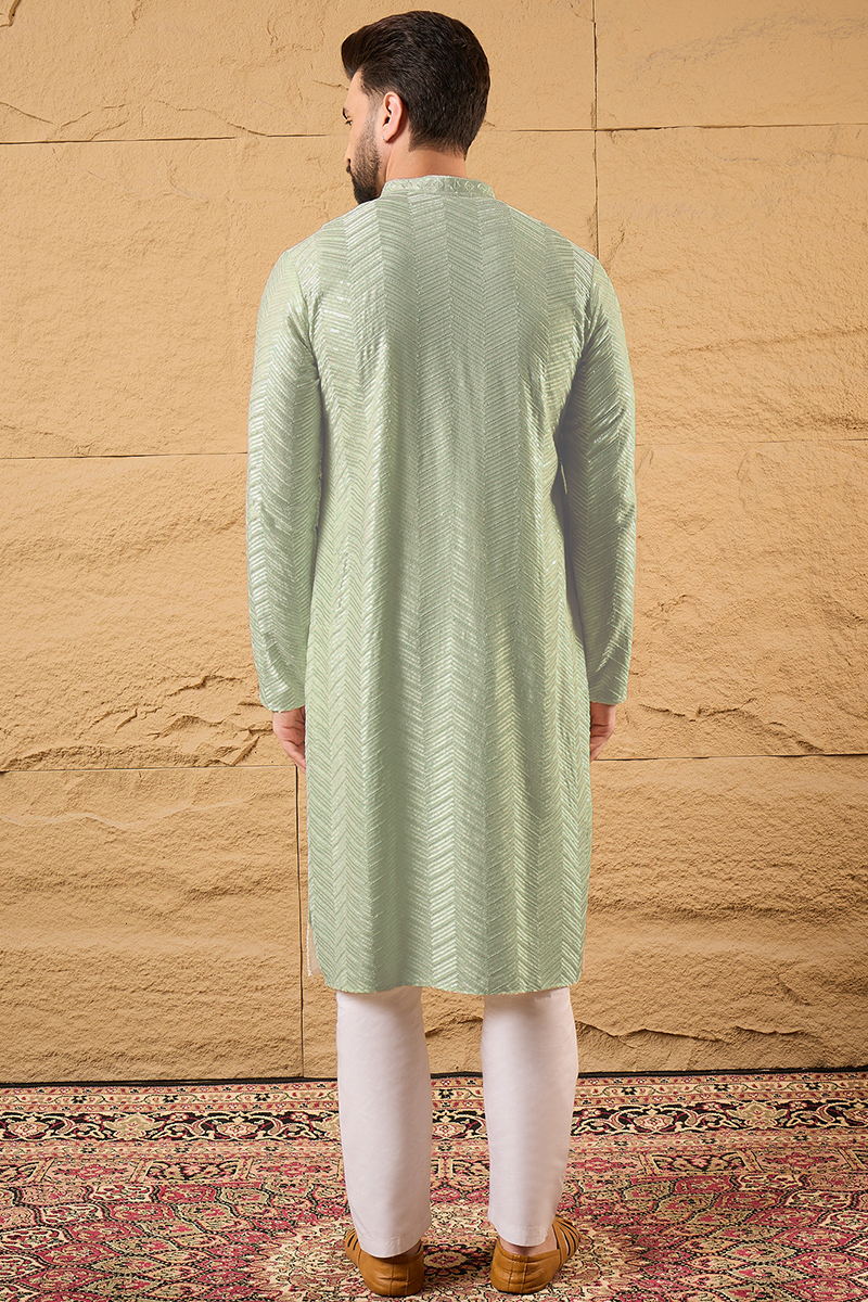 Green Viscose Rayon Solid Embroidered Straight Kurta For Men | SHOBITAM