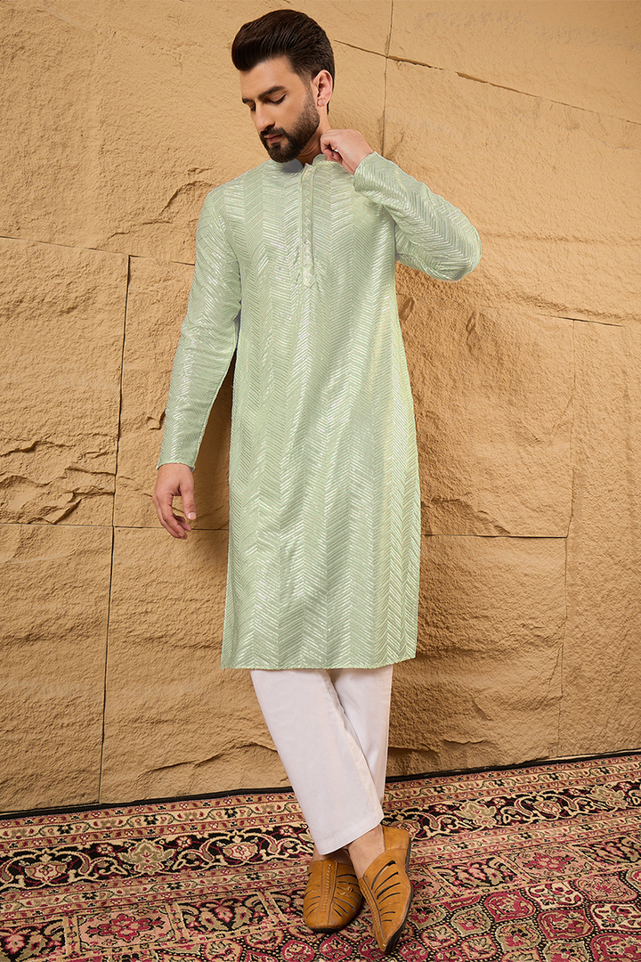 Green Viscose Rayon Solid Embroidered Straight Kurta For Men | SHOBITAM