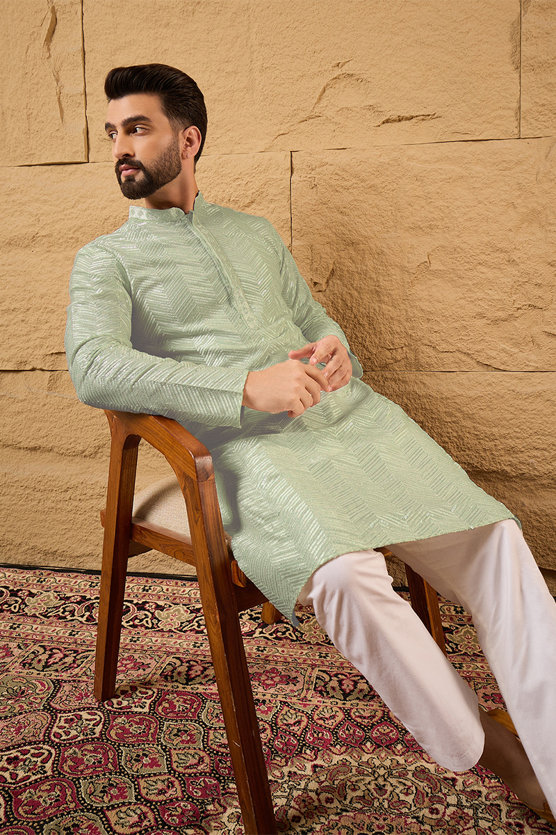 Green Viscose Rayon Solid Embroidered Straight Kurta For Men | SHOBITAM