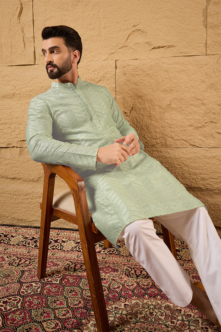 Green Viscose Rayon Solid Embroidered Straight Kurta For Men | SHOBITAM