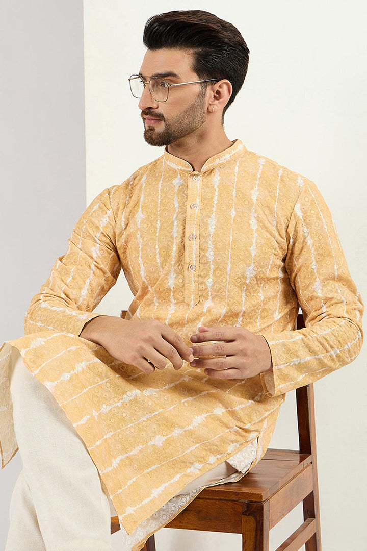 Men Yellow Viscose Rayon Abstract Embroidered Chikankari Straight Kurta | SHOBITAM