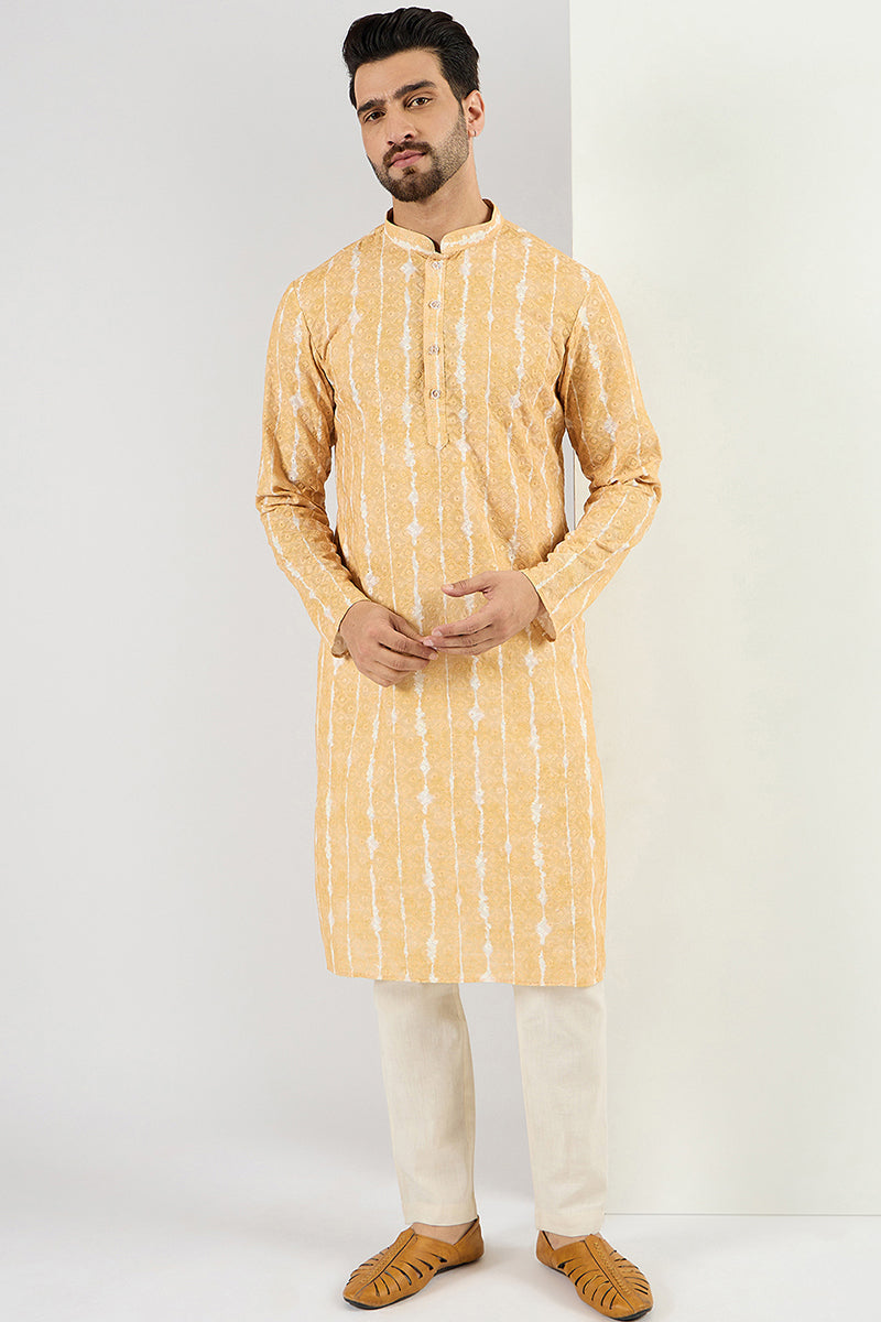 Men Yellow Viscose Rayon Abstract Embroidered Chikankari Straight Kurta | SHOBITAM