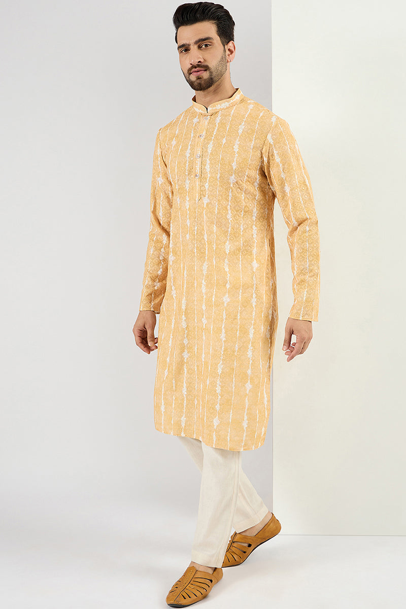 Men Yellow Viscose Rayon Abstract Embroidered Chikankari Straight Kurta | SHOBITAM