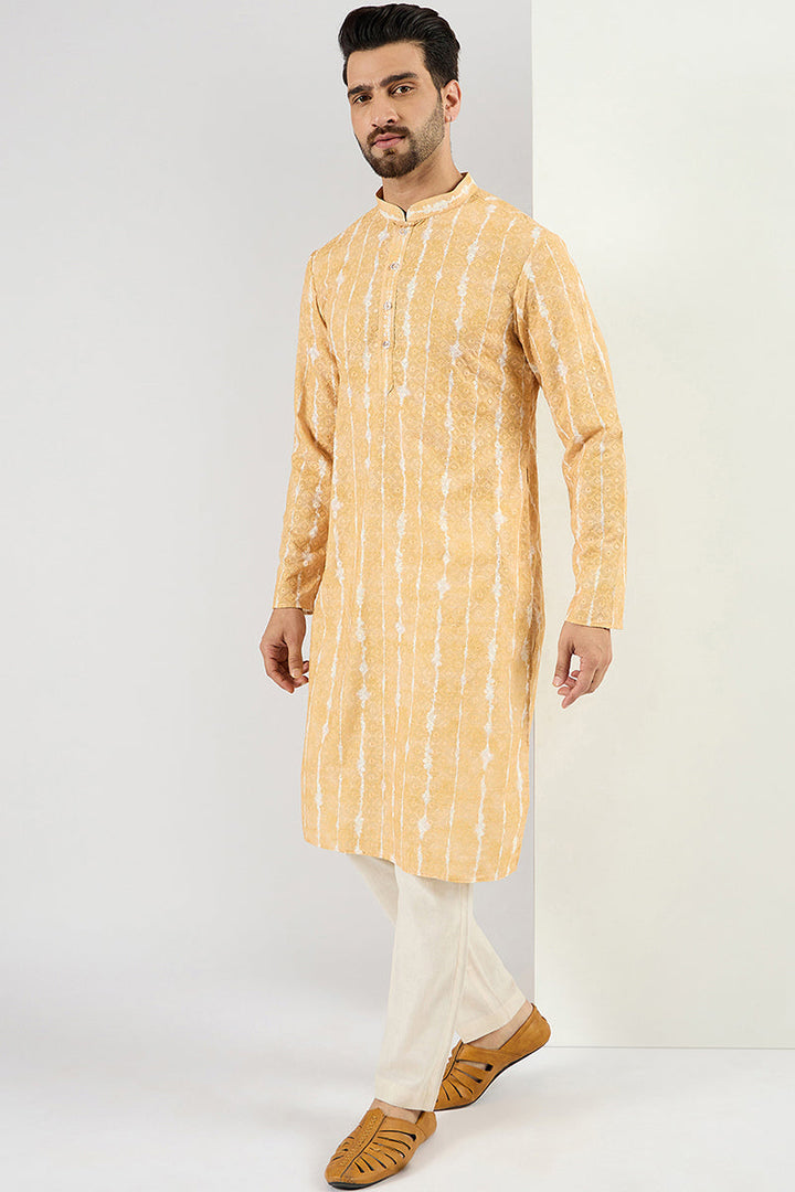 Men Yellow Viscose Rayon Abstract Embroidered Chikankari Straight Kurta | SHOBITAM