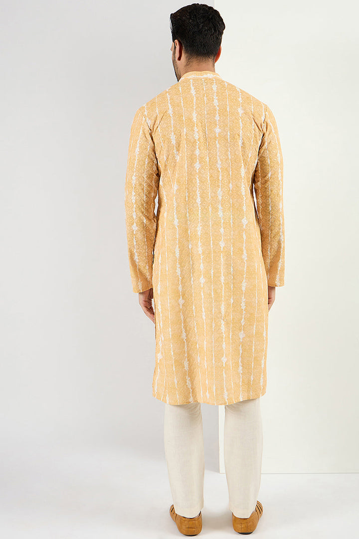 Men Yellow Viscose Rayon Abstract Embroidered Chikankari Straight Kurta | SHOBITAM