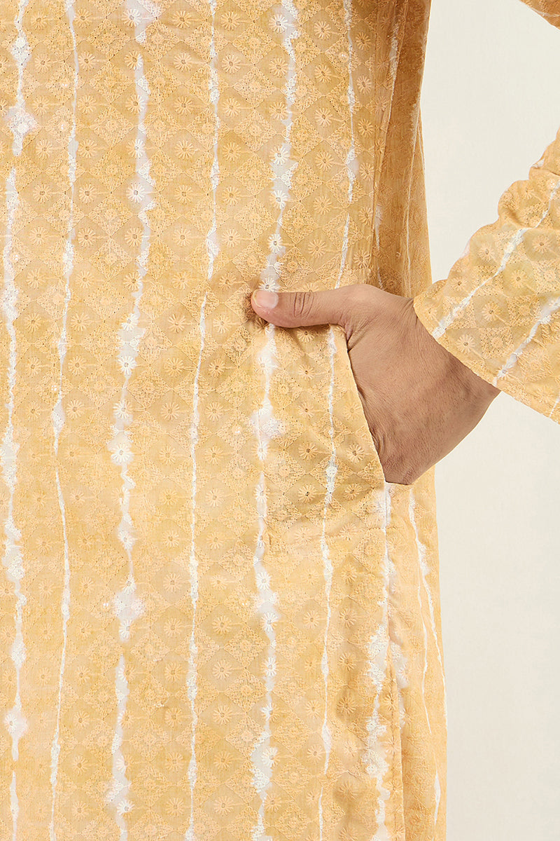 Men Yellow Viscose Rayon Abstract Embroidered Chikankari Straight Kurta | SHOBITAM