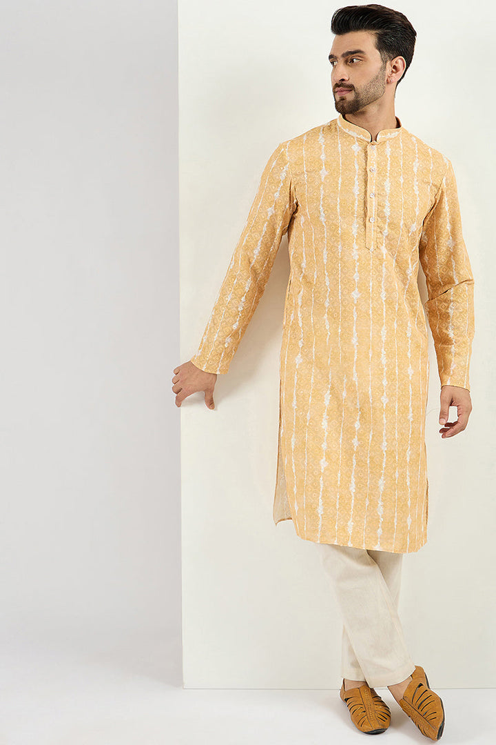 Men Yellow Viscose Rayon Abstract Embroidered Chikankari Straight Kurta | SHOBITAM