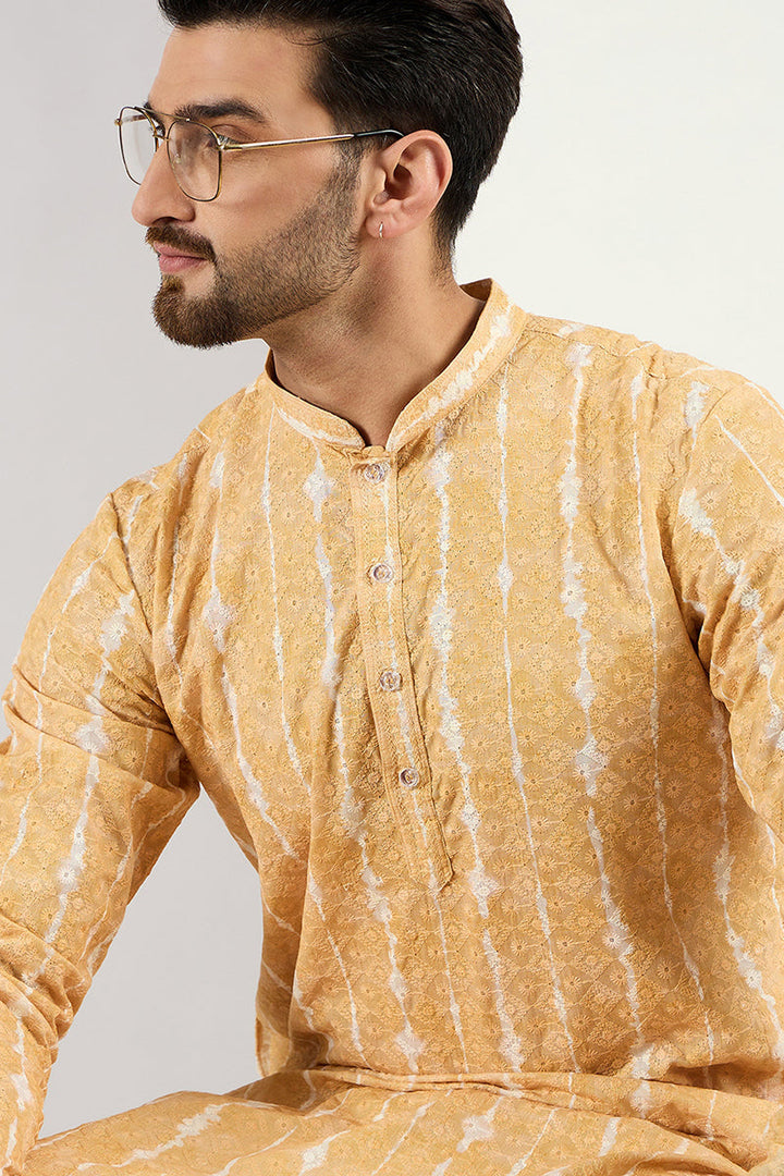 Men Yellow Viscose Rayon Abstract Embroidered Chikankari Straight Kurta | SHOBITAM
