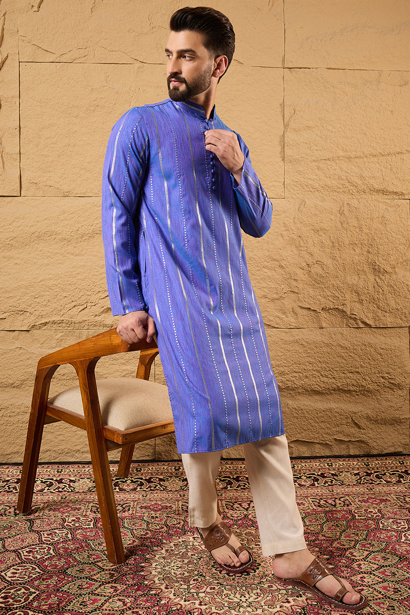 Blue Cotton Solid Embroidered Straight Kurta | SHOBITAM