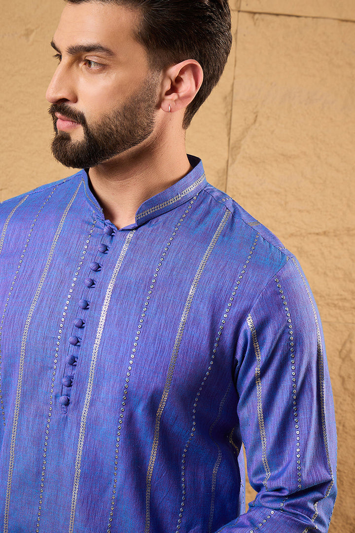 Blue Cotton Solid Embroidered Straight Kurta | SHOBITAM