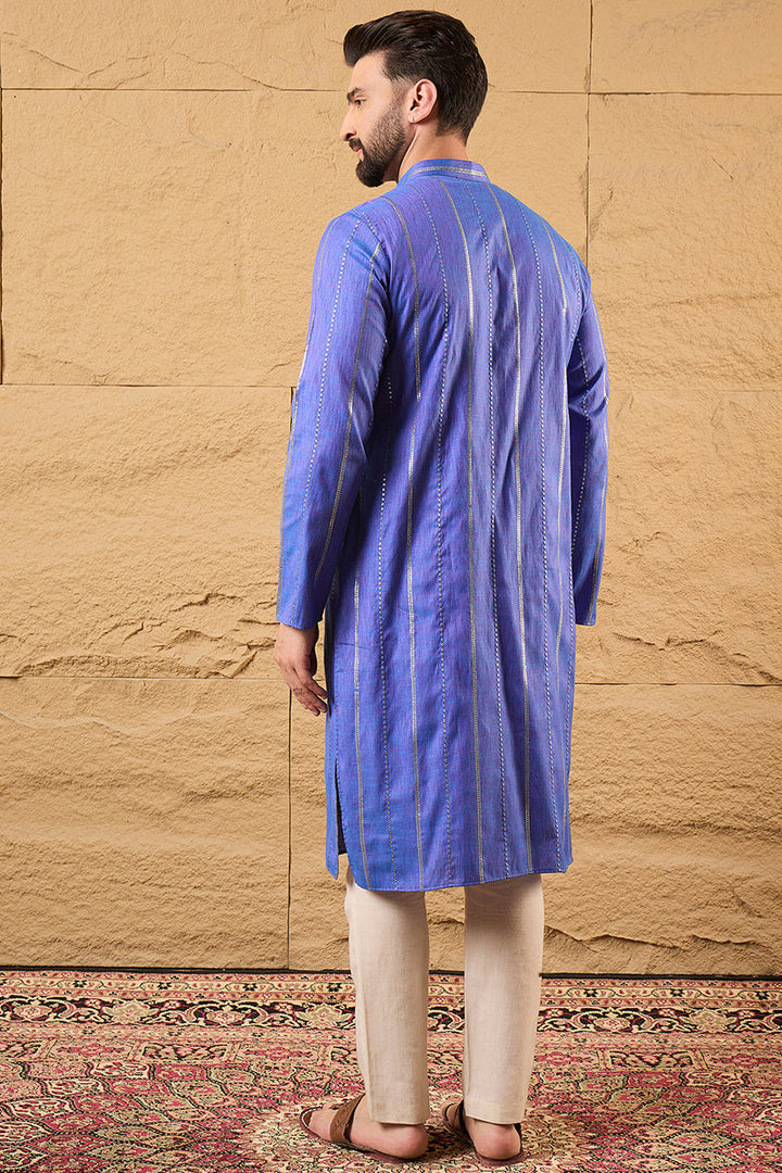 Blue Cotton Solid Embroidered Straight Kurta | SHOBITAM