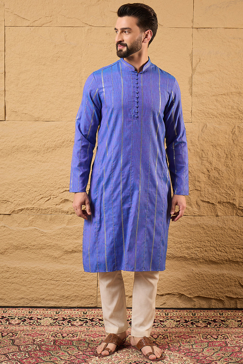 Blue Cotton Solid Embroidered Straight Kurta | SHOBITAM