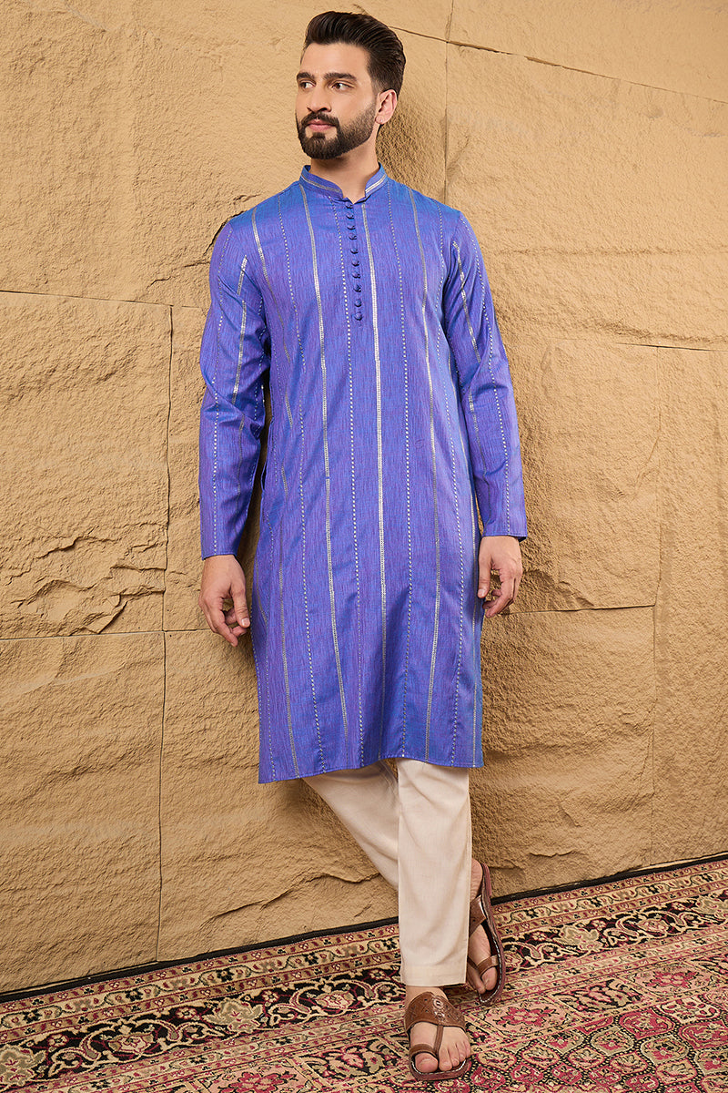 Blue Cotton Solid Embroidered Straight Kurta | SHOBITAM