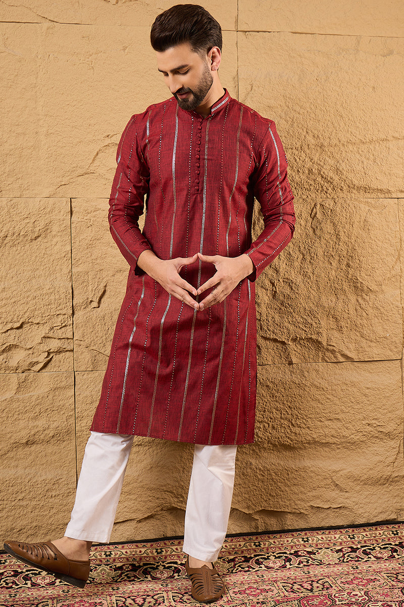 Maroon Cotton Solid Embroidered Straight Kurta | SHOBITAM