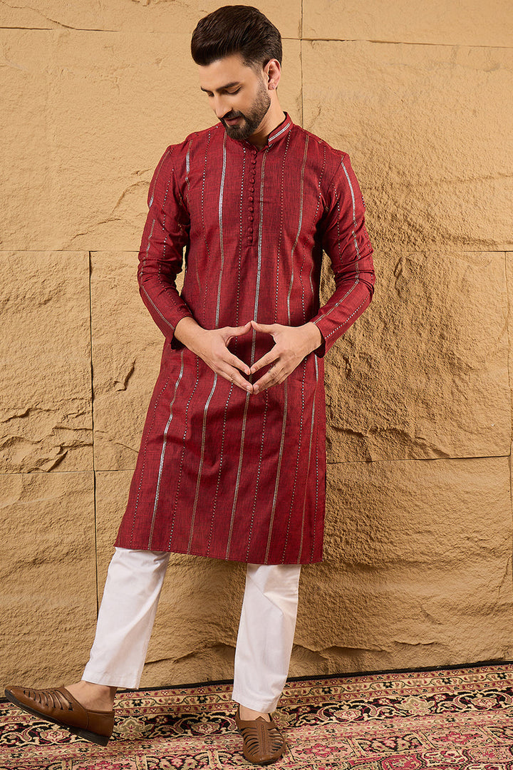 Maroon Cotton Solid Embroidered Straight Kurta | SHOBITAM