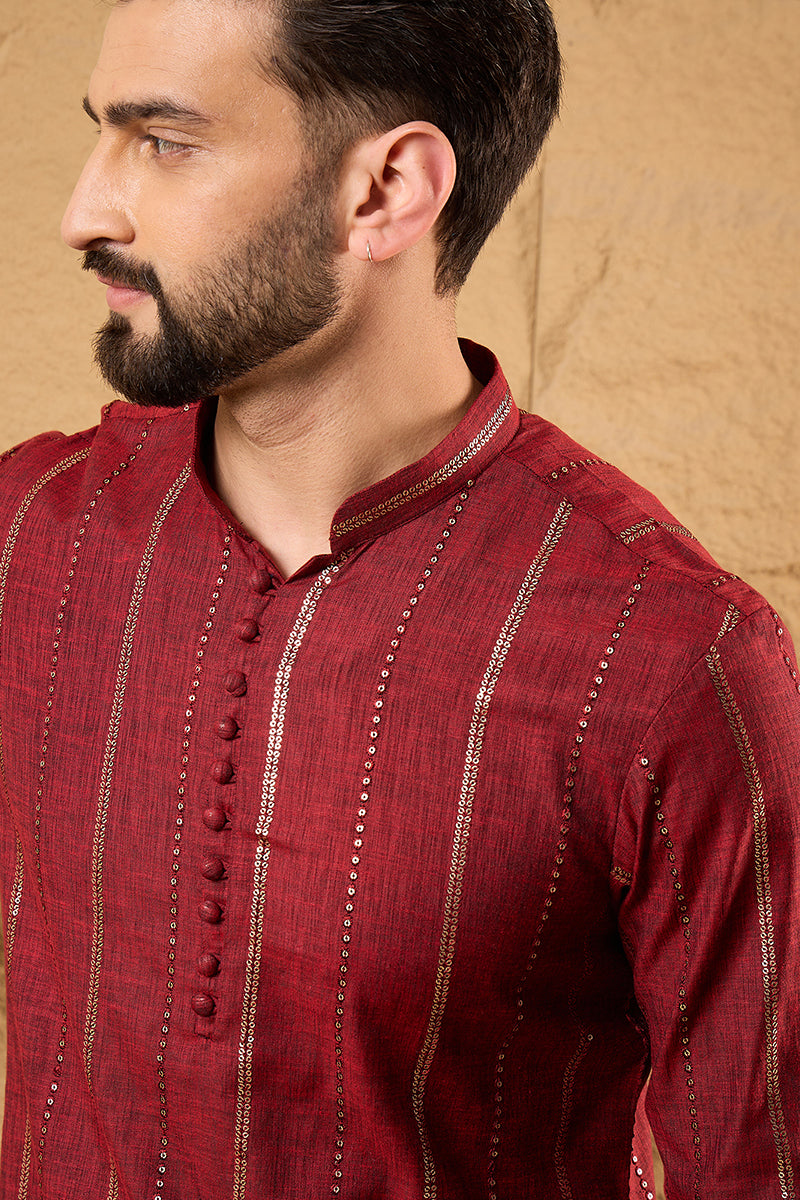 Maroon Cotton Solid Embroidered Straight Kurta | SHOBITAM