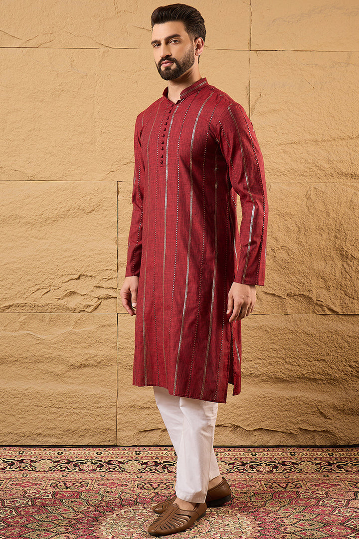 Maroon Cotton Solid Embroidered Straight Kurta | SHOBITAM