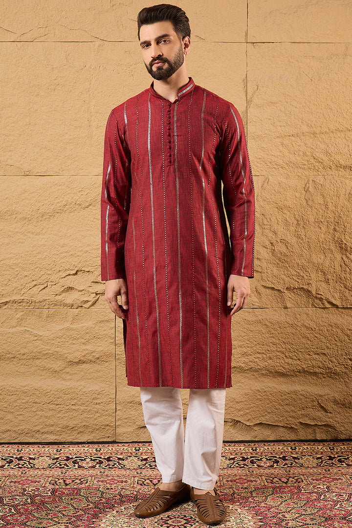 Maroon Cotton Solid Embroidered Straight Kurta | SHOBITAM