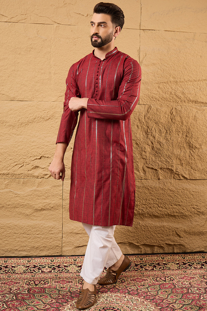 Maroon Cotton Solid Embroidered Straight Kurta | SHOBITAM