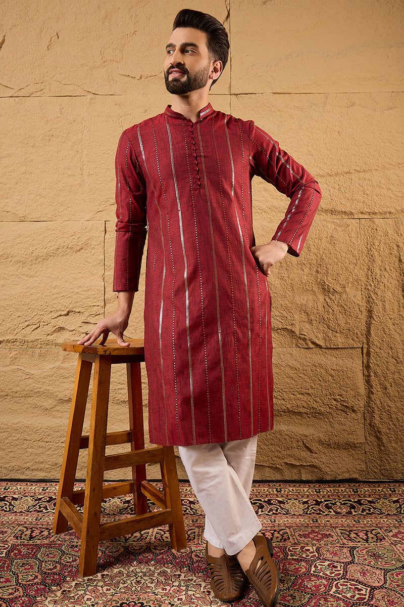 Maroon Cotton Solid Embroidered Straight Kurta | SHOBITAM