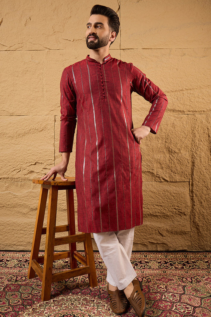 Maroon Cotton Solid Embroidered Straight Kurta | SHOBITAM