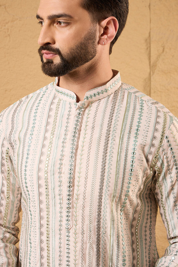 Pink Silk Embroidered Mandarin Collar Straight Kurta | SHOBITAM