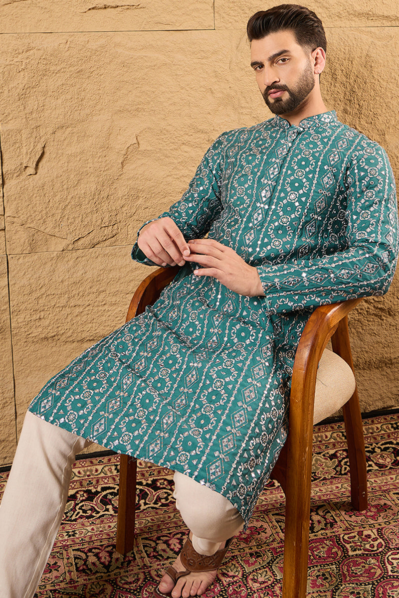 Blue Silk Embroidered Mandarin Collar Straight Kurta | SHOBITAM